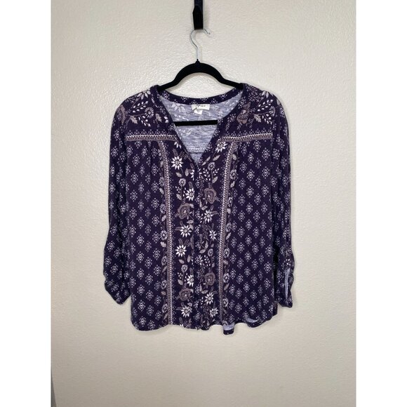 Style & Co Womens Floral Button-Front Blouse XL Purple White 3/4 Sleeve Cotton - Picture 1 of 6